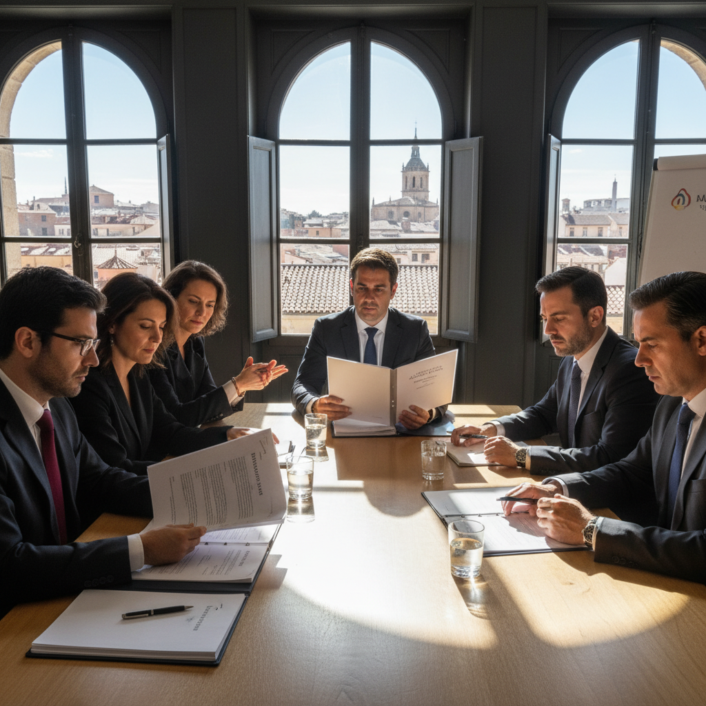 A professional business meeting in a modern Spanish office, with adults discussing company documents around a conference table, symbolizing the formation and governance of a society or company under Spanish statutes. The atmosphere is collaborative and formal, with elements like a Spanish flag or map in the background to evoke Spain.