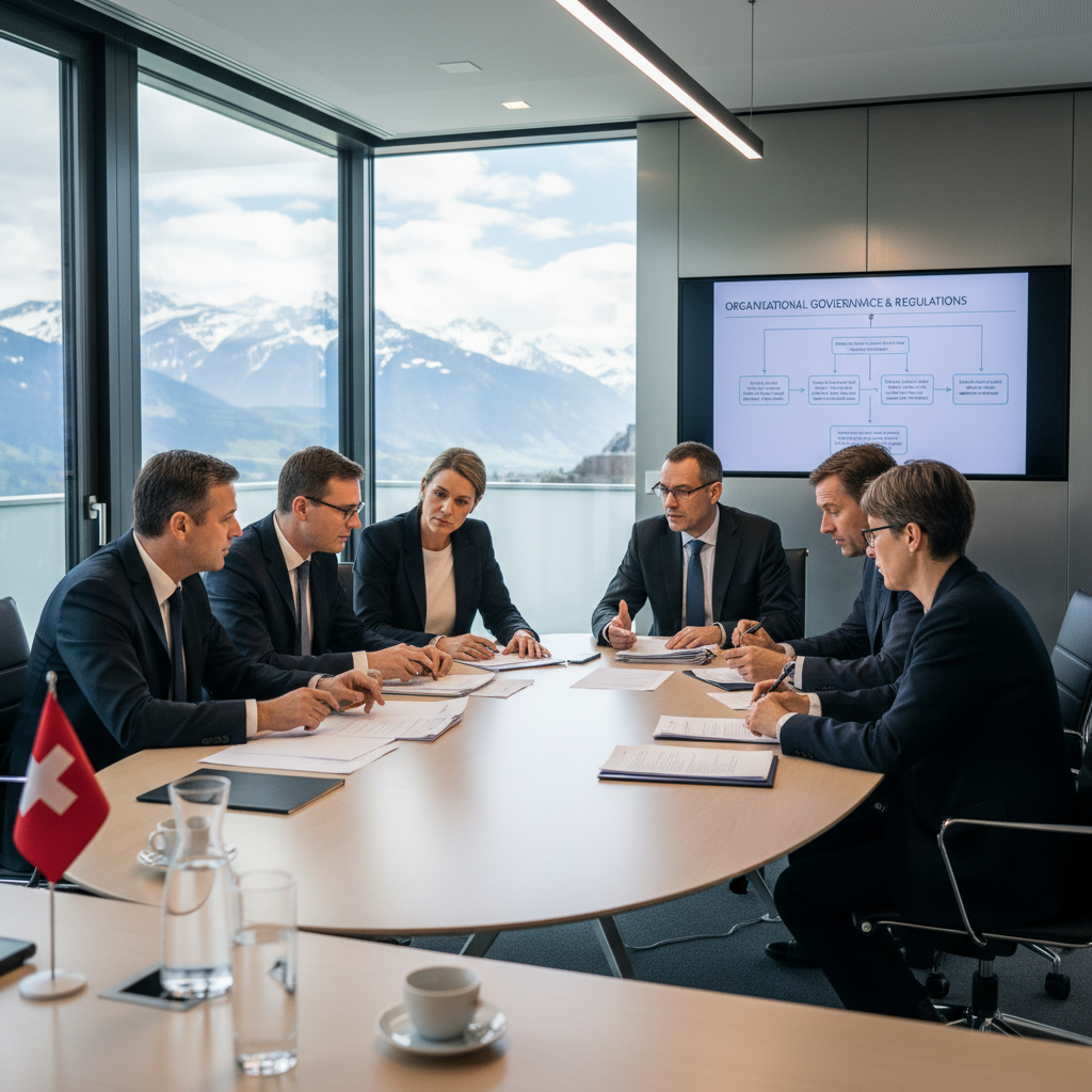 A photorealistic image of a professional meeting in a modern Swiss office, with adults discussing documents around a table, symbolizing the governance and rules outlined in statutes, with Swiss Alps visible through the window to evoke Switzerland.