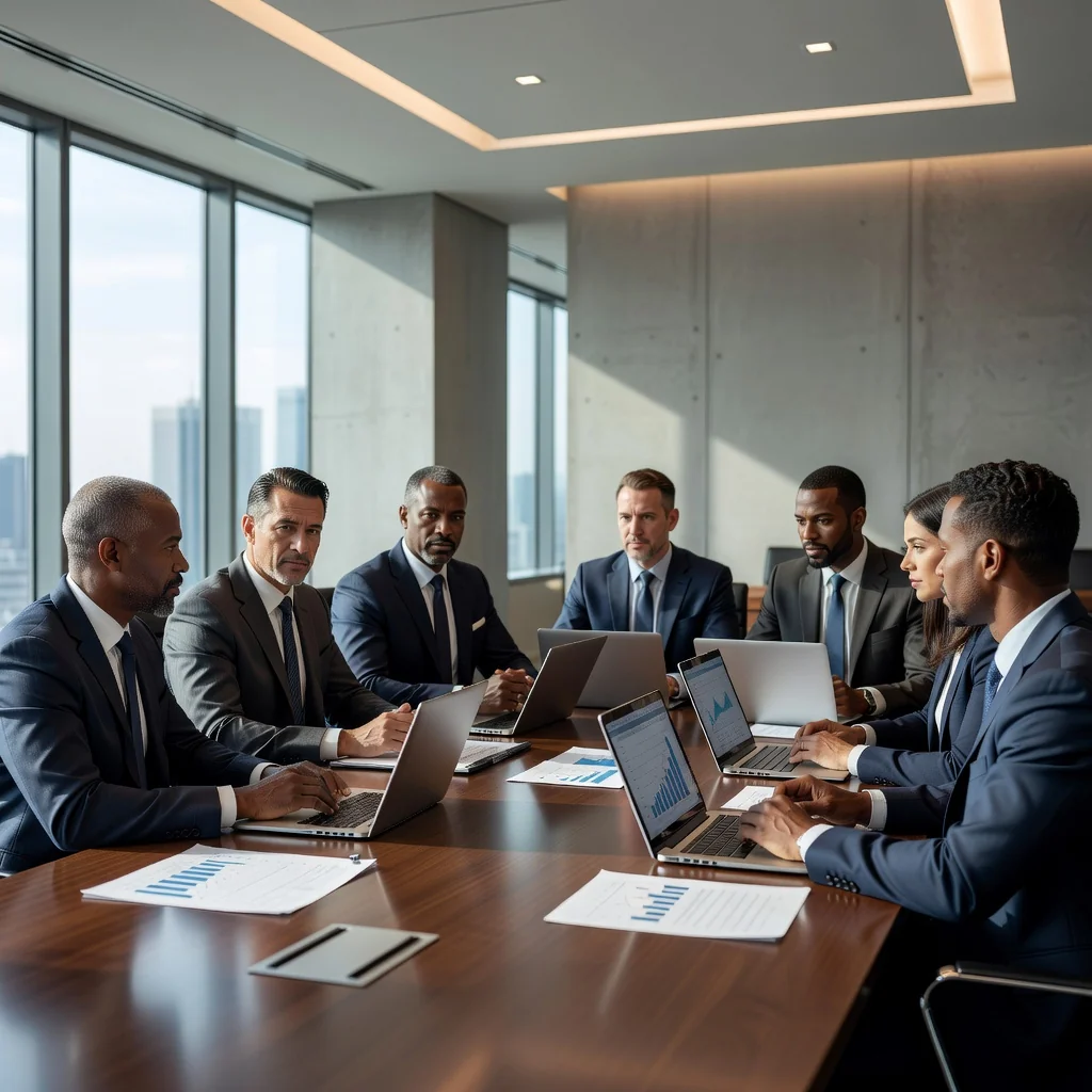 A photorealistic image depicting a diverse group of adult professionals in a modern corporate boardroom, engaged in a collaborative discussion around a conference table, symbolizing effective enterprise governance and the foundational role of company bylaws in guiding business operations and decision-making.