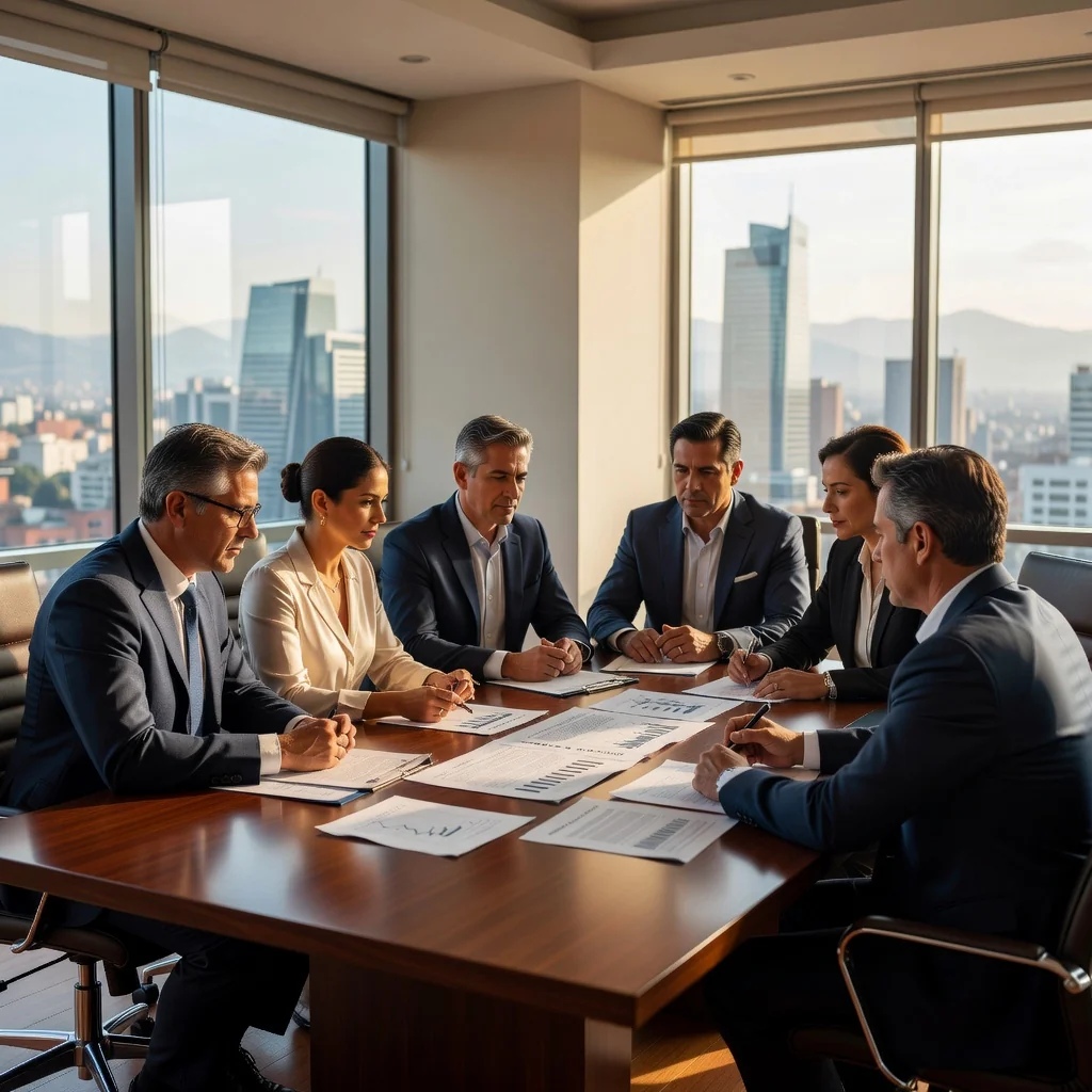 A professional Mexican business meeting in a modern office, with diverse adults discussing company formation documents around a conference table, symbolizing effective social statutes for businesses in Mexico.