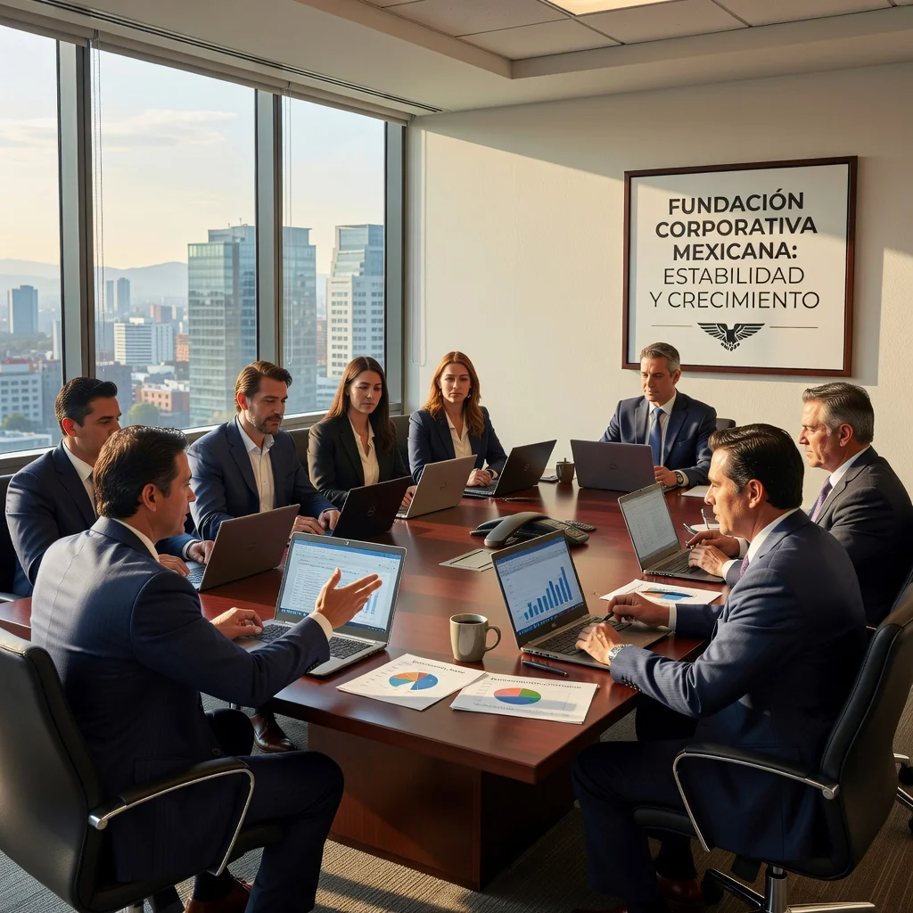 A photorealistic image of a professional Mexican business meeting in a modern office, with diverse adult entrepreneurs discussing company growth and strategies around a conference table, symbolizing the foundational importance of social statutes for Mexican enterprises. No children present.