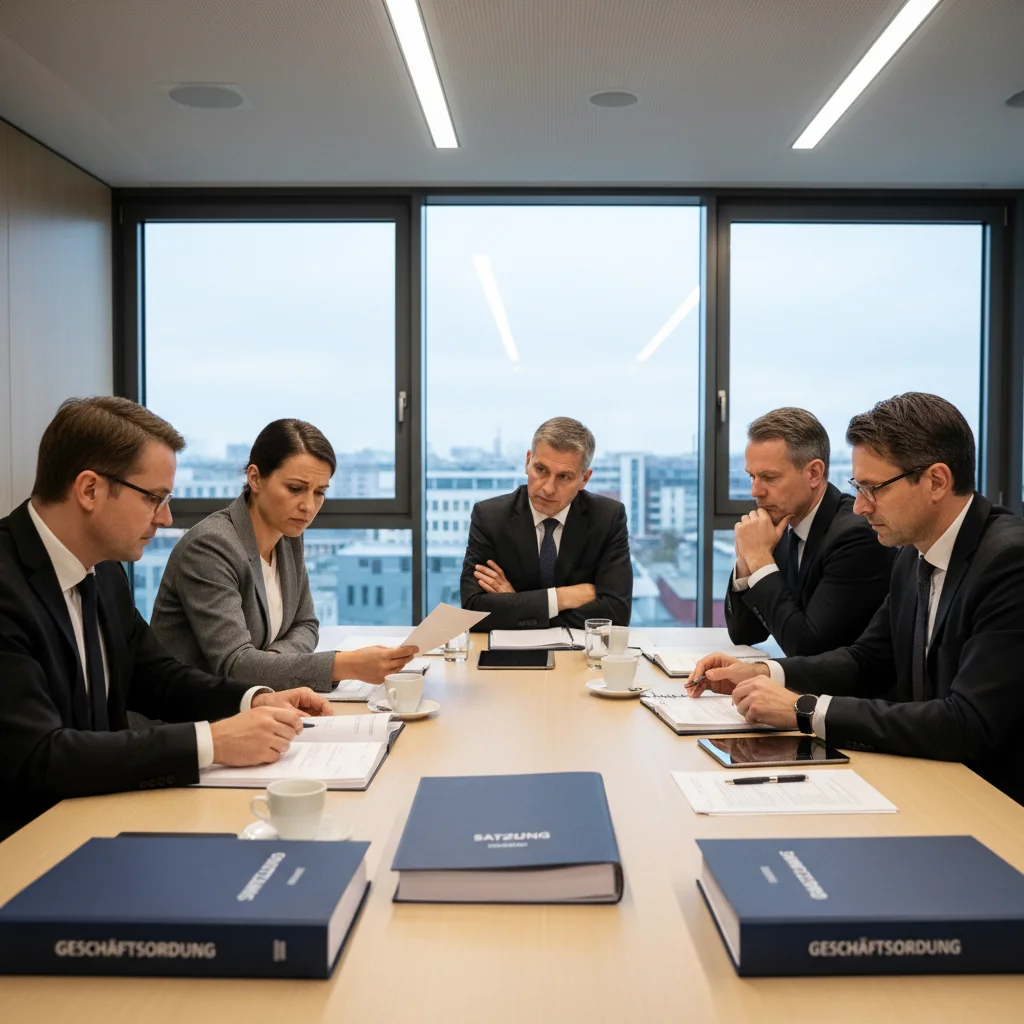 A photorealistic image of a professional meeting in a modern German office, where adults are discussing and reviewing important organizational documents around a conference table, symbolizing the role of statutes in governance and structure, with no children present.