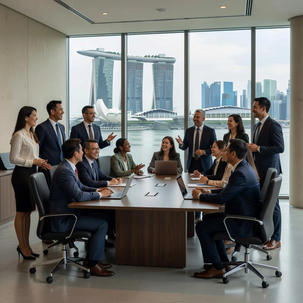 A photorealistic image symbolizing the evolution and impact of constitutional amendments in Singapore, featuring a diverse group of adults in a modern government building, engaged in thoughtful discussion around a table with Singapore's skyline visible through large windows, evoking themes of progress, unity, and national development.