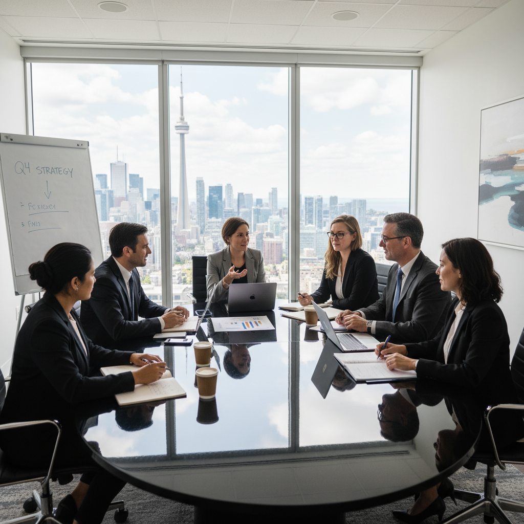A photorealistic image of a diverse group of professional adults in a modern Canadian corporate boardroom, engaged in a collaborative business meeting, symbolizing governance and structure as per corporate bylaws. No children are present. The scene captures the essence of organized corporate decision-making in a professional setting.