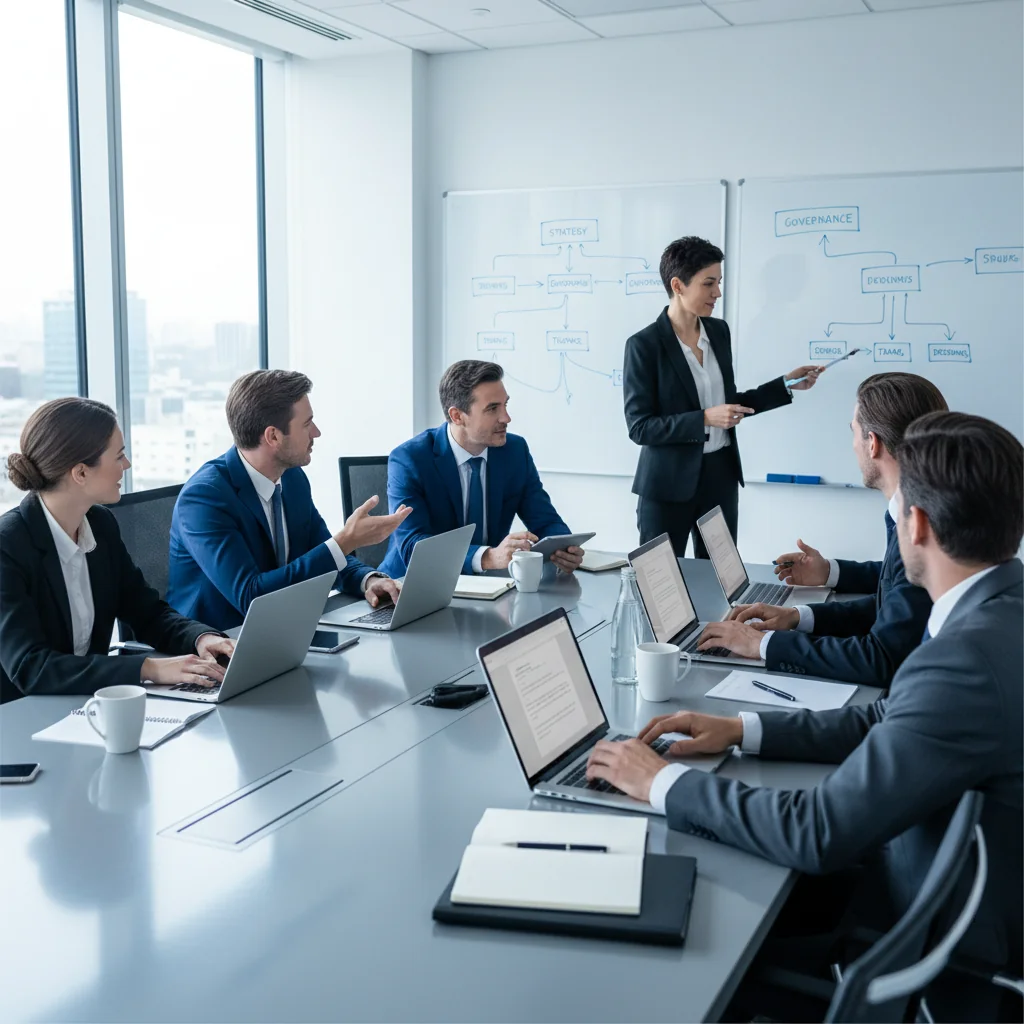 A professional business scene illustrating corporate structure and operations, featuring a diverse team of executives in a modern conference room discussing strategy around a table with charts and graphs, symbolizing the governance and management aspects of businesses without showing actual documents.