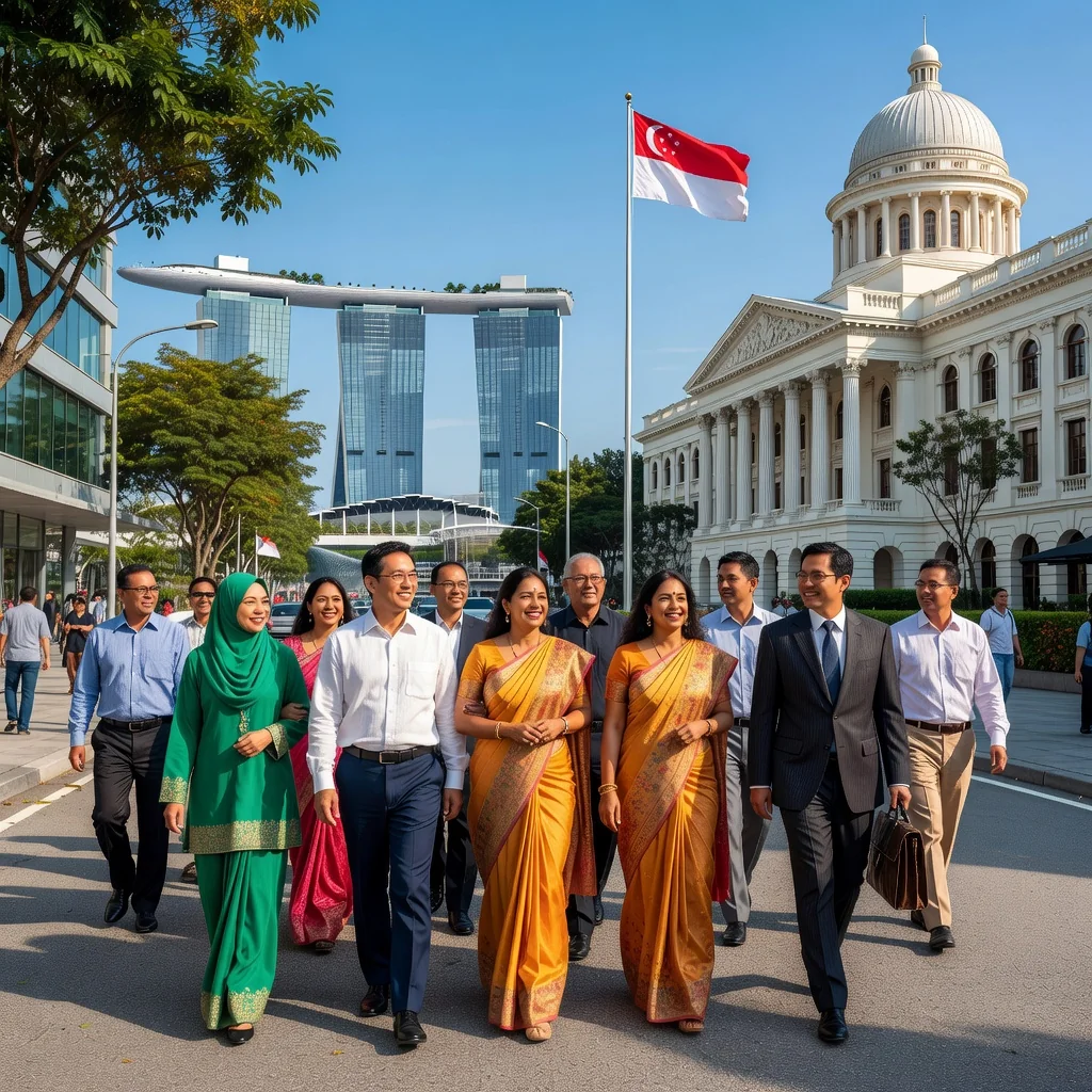 A photorealistic image symbolizing the principles and history of the Singapore Constitution, featuring a diverse group of adults walking together on a modern street in Singapore with the Marina Bay Sands in the background, representing unity, justice, and national progress.