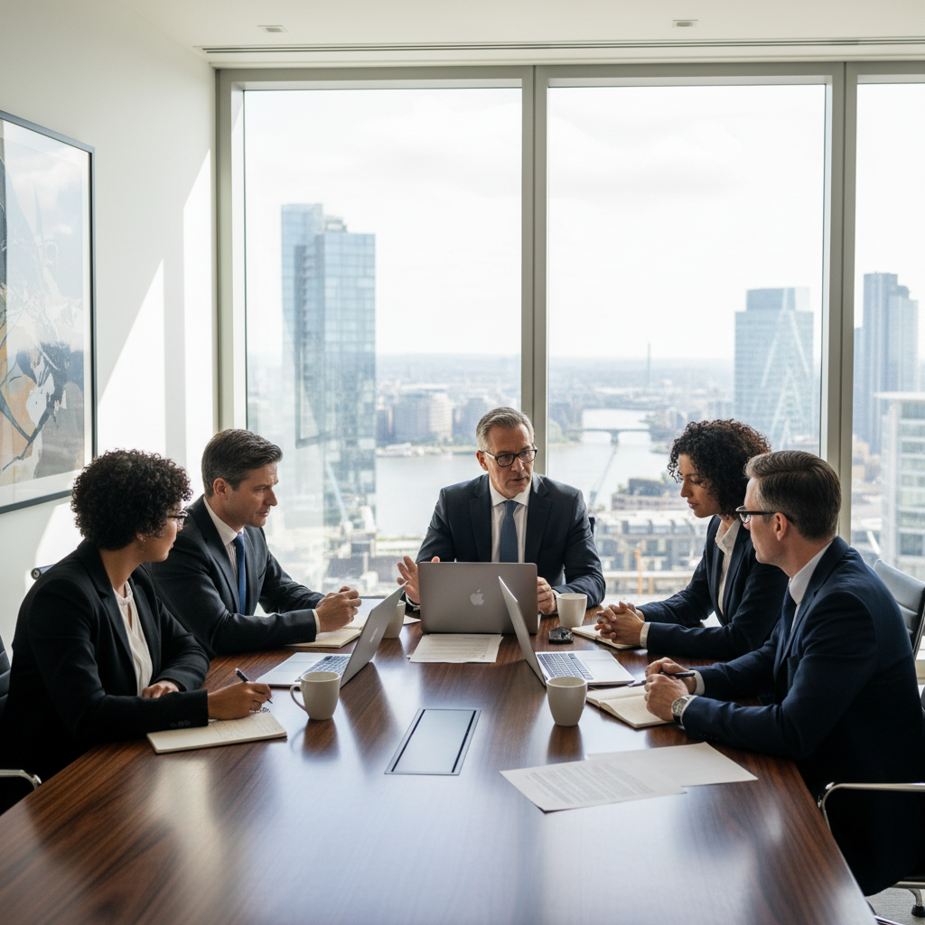 A photorealistic image of a professional business meeting in a modern UK office, with diverse adults discussing company governance around a conference table, symbolizing the collaborative purpose of Articles of Association in establishing business rules and structure.