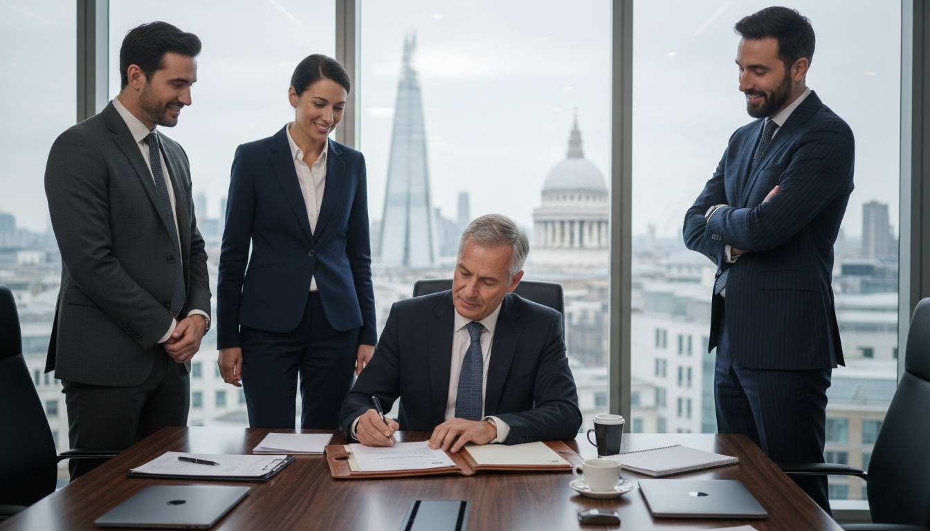 Team signing corporate agreement in office