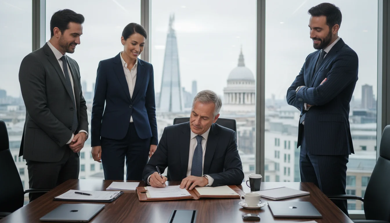 Team signing corporate agreement in office