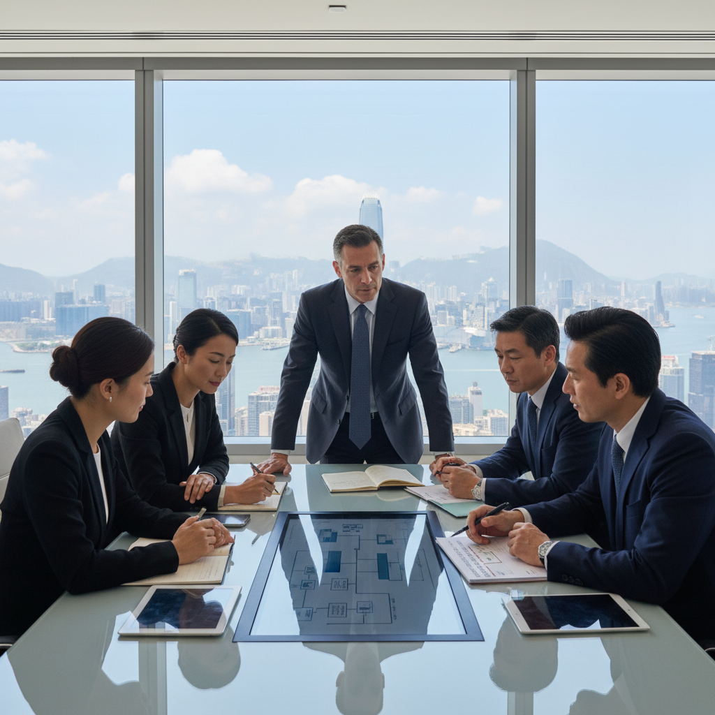 A photorealistic image of a professional business meeting in a modern Hong Kong office, with diverse adult executives discussing company formation around a conference table, symbolizing the foundational role of corporate articles in establishing a business, no children present.
