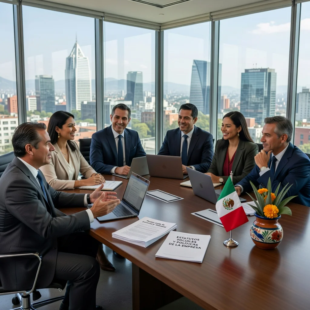 A photorealistic image representing the concept of social statutes for a Mexican company, showing a diverse group of adult professionals in a modern conference room in Mexico City, engaging in a collaborative business meeting, discussing company policies with positive expressions, Mexican cultural elements like a flag or landmarks in the background, conveying trust, organization, and professional governance.