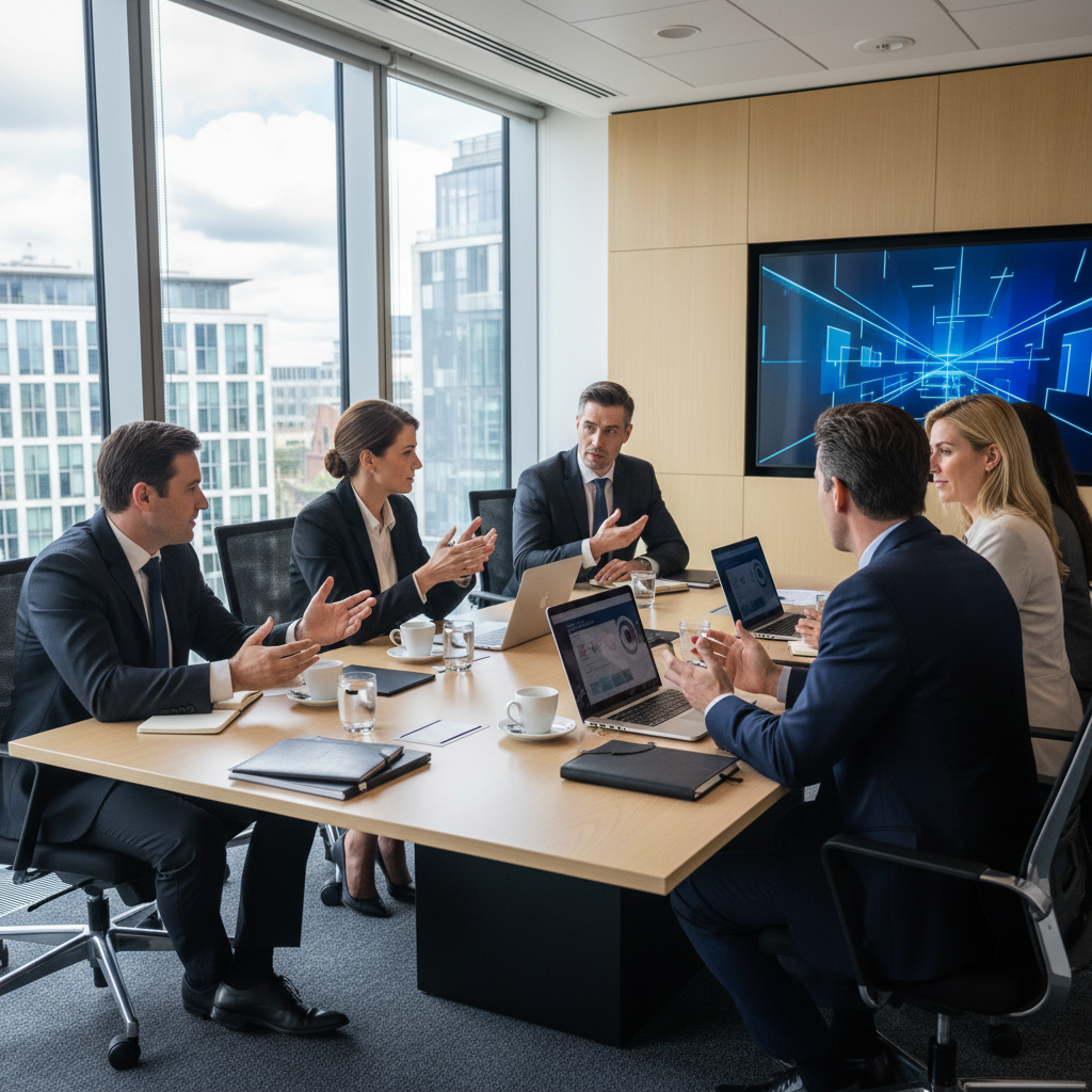 A photorealistic image of a professional business meeting in a modern UK office, where a diverse group of adults is collaboratively discussing company governance and structure, symbolizing the drafting and amending of articles of association for UK companies. No children are present in the image.