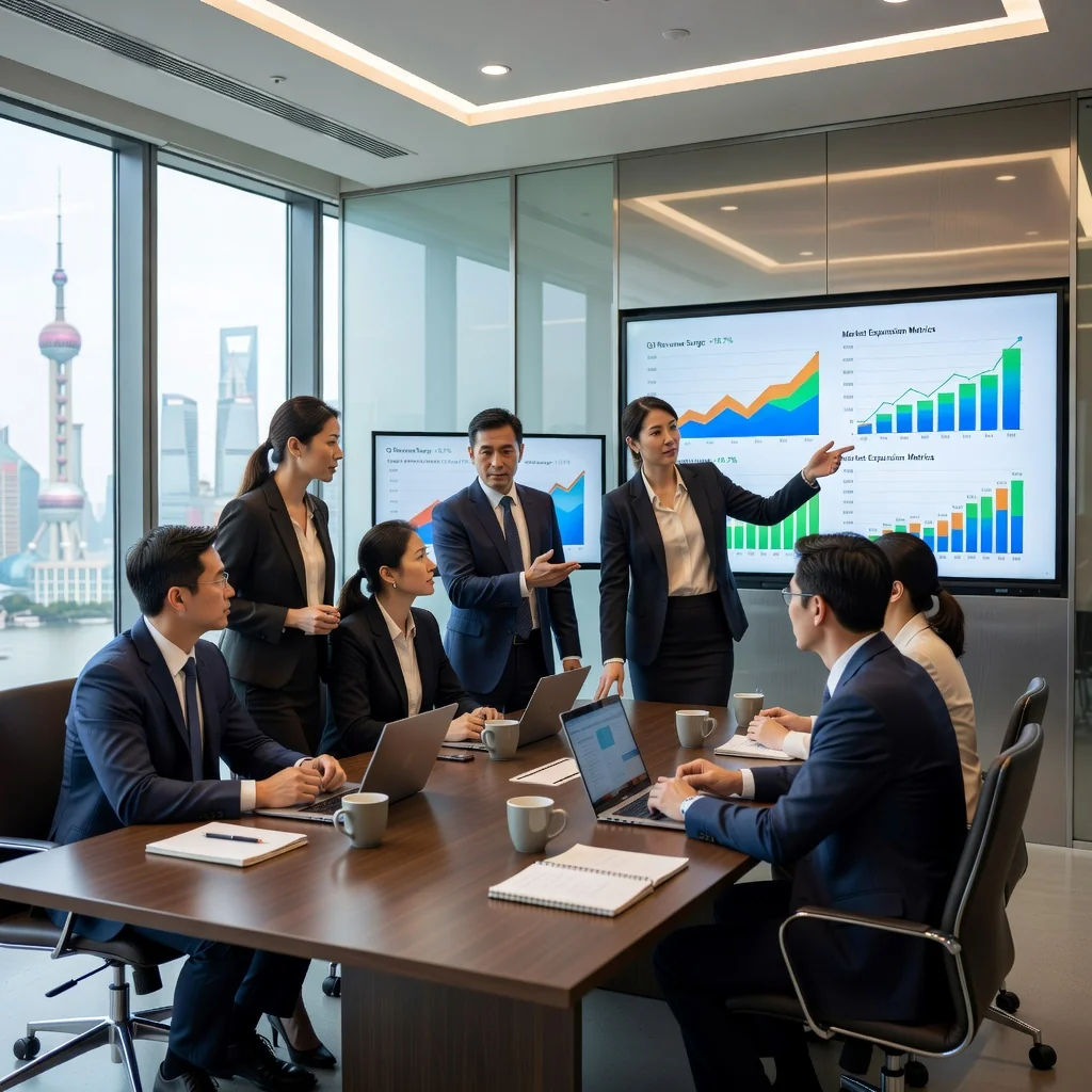 A photorealistic image of a professional Chinese business team in a modern conference room, discussing company strategies around a table with laptops and charts, symbolizing the establishment and governance of a corporate charter without showing any legal documents.