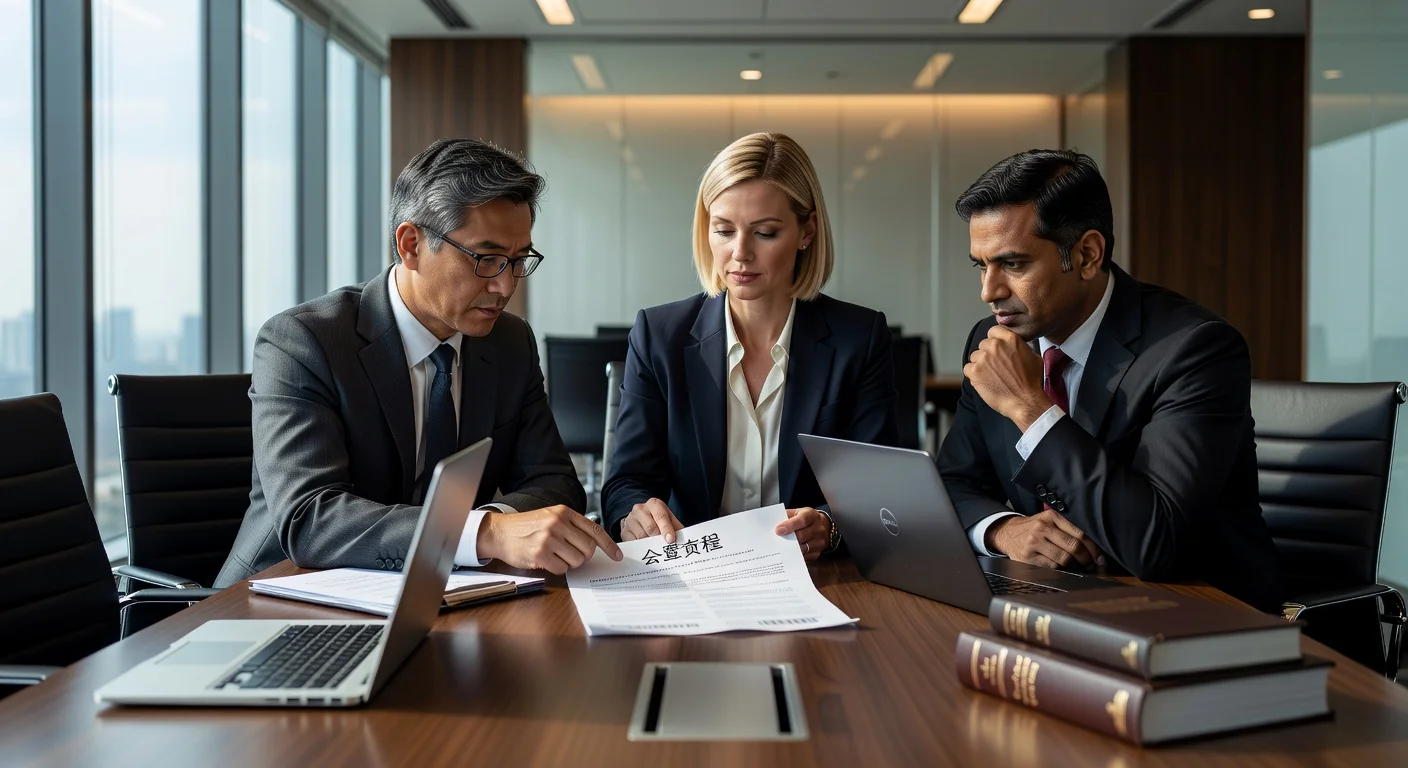 Business professionals reviewing company charter
