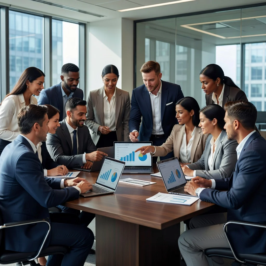 A photorealistic image of a professional business team in a modern office, collaborating on company strategy around a conference table with laptops and charts, symbolizing effective corporate governance and structure without showing any legal documents.