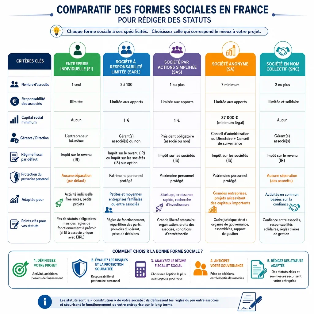 Comparatif des formes sociales pour rédiger des statuts