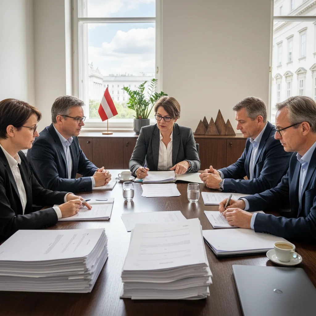 A photorealistic image of a group of adults in a meeting room, discussing and signing important documents related to a community association in Austria, symbolizing the legal statutes of Austrian clubs, with Austrian flags or elements in the background, conveying organization and governance.