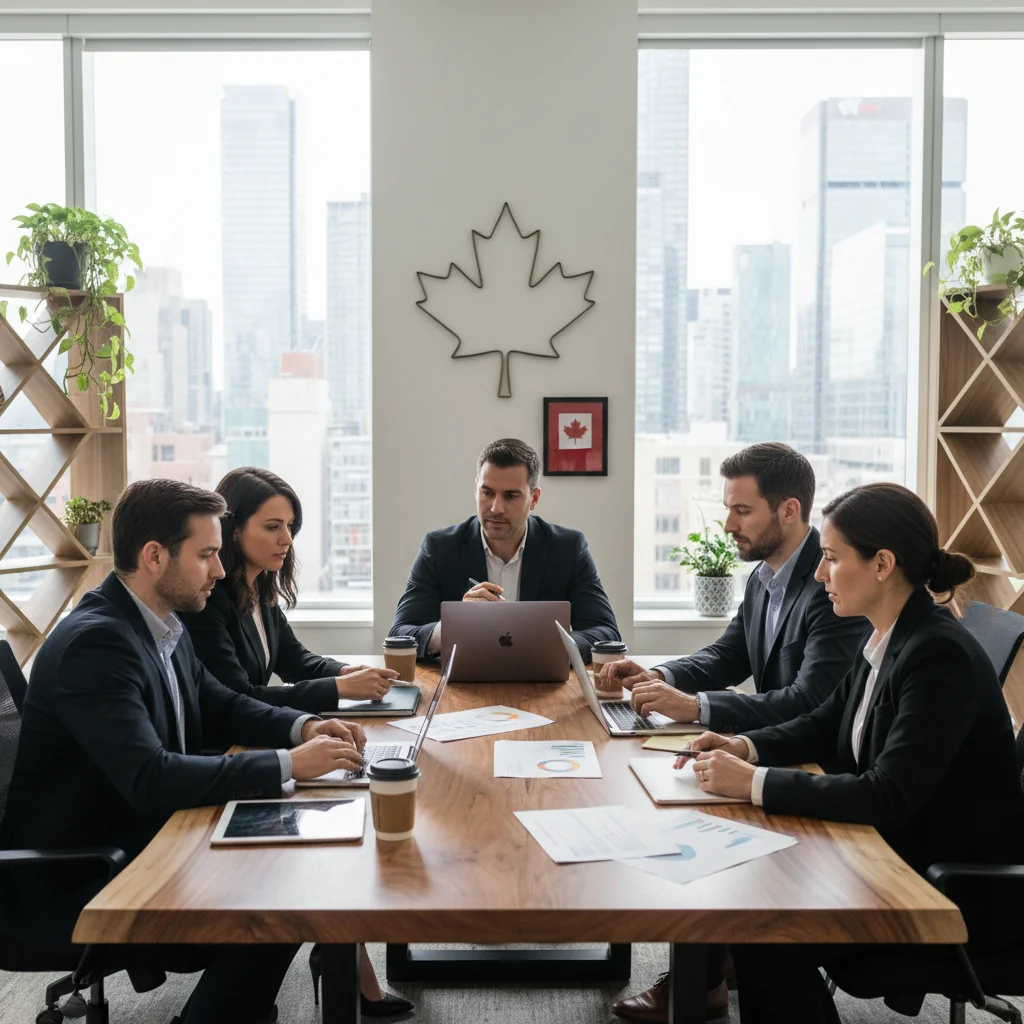 A photorealistic image of a professional business meeting in a modern Canadian office, featuring diverse adult professionals discussing corporate strategies around a conference table with maple leaf motifs in the background, symbolizing effective governance for Canadian businesses.