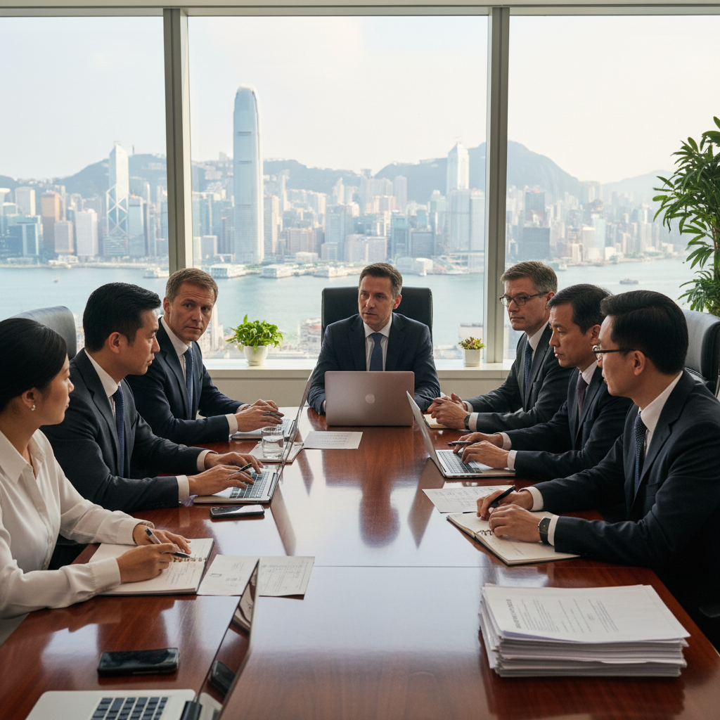 A professional business meeting in a modern Hong Kong office, with executives discussing company amendments around a conference table, overlooking the city skyline, conveying themes of corporate governance and legal updates.