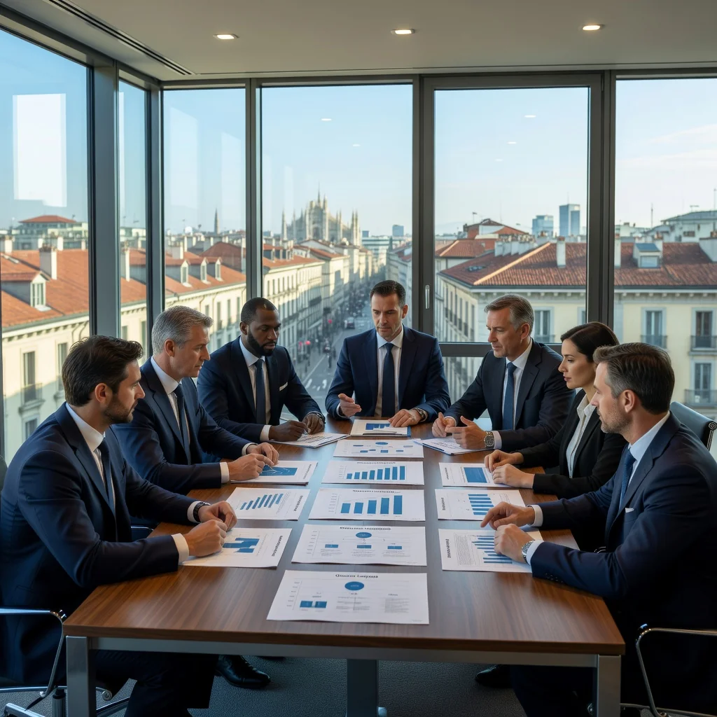 A photorealistic image of a diverse group of professional adults in a modern Italian office setting, discussing business matters around a conference table with Italian flag elements in the background, symbolizing corporate governance and company statutes in Italy. No children are present.