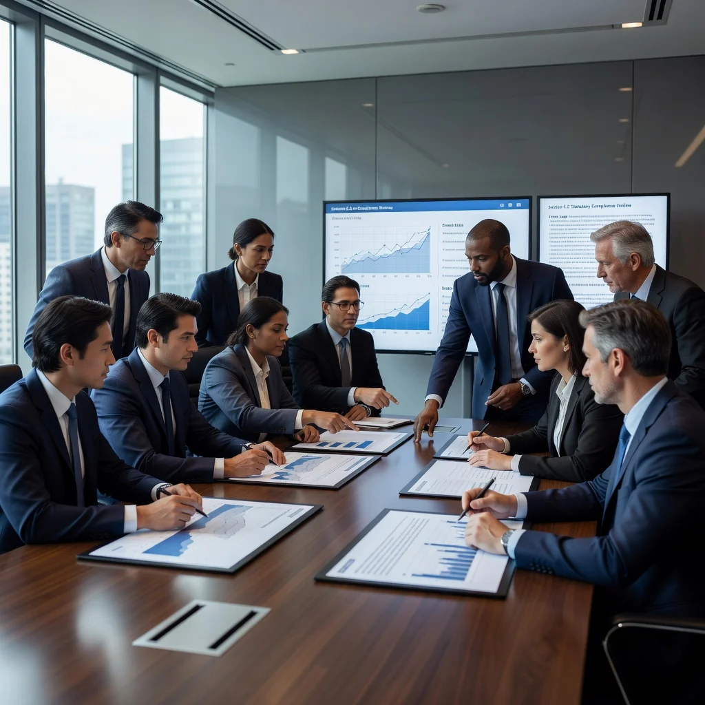 A photorealistic image of a diverse group of adult business professionals in a modern conference room, engaged in a collaborative discussion around a table, reviewing company documents on laptops and tablets, symbolizing careful planning and avoidance of errors in corporate statutes. The atmosphere is professional and focused, with natural lighting and realistic details, no children present.