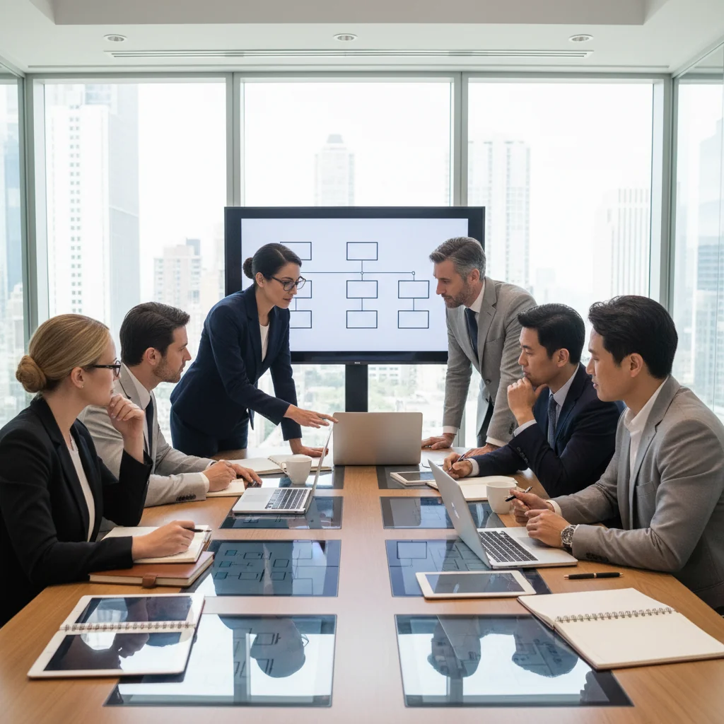 A photorealistic image of a diverse group of professional adults in a modern conference room, collaborating on business strategies around a table with laptops and charts, symbolizing the foundational role of company statutes in establishing and guiding successful enterprises. The atmosphere is professional and dynamic, with natural lighting from large windows.