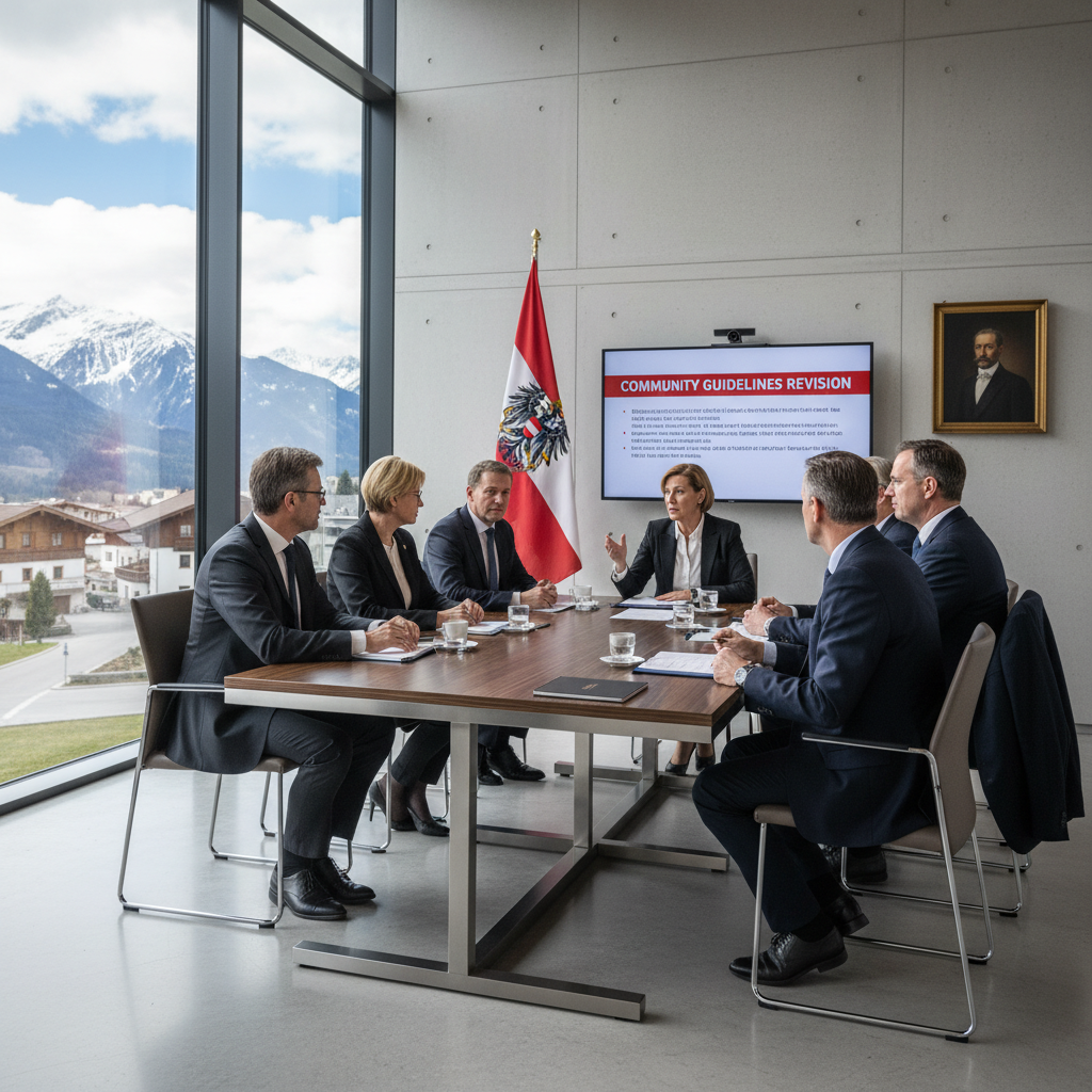 A photorealistic image of a professional meeting in an Austrian government office, where adults are discussing community rules and regulations around a wooden table, with Austrian flags and architectural elements in the background, conveying the essence of establishing bylaws without showing any legal documents.