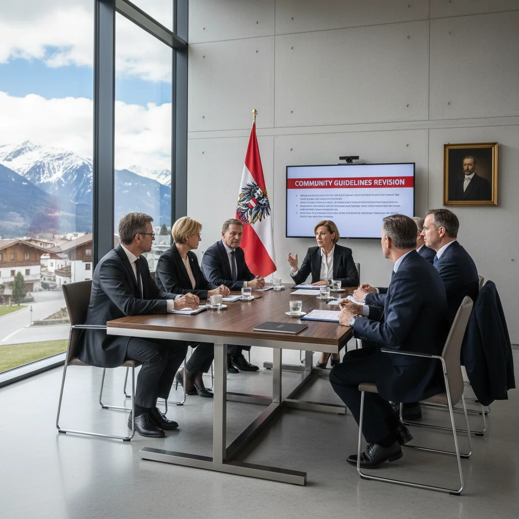 A photorealistic image of a professional meeting in an Austrian government office, where adults are discussing community rules and regulations around a wooden table, with Austrian flags and architectural elements in the background, conveying the essence of establishing bylaws without showing any legal documents.