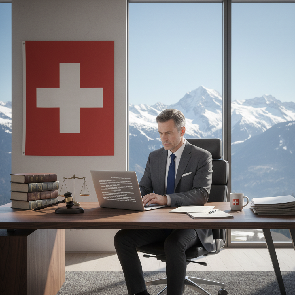 A photorealistic image of a professional lawyer in a modern Swiss office, reviewing legal statutes on a computer, with Swiss Alps visible through the window, symbolizing the precision and reliability of Swiss legal documents.