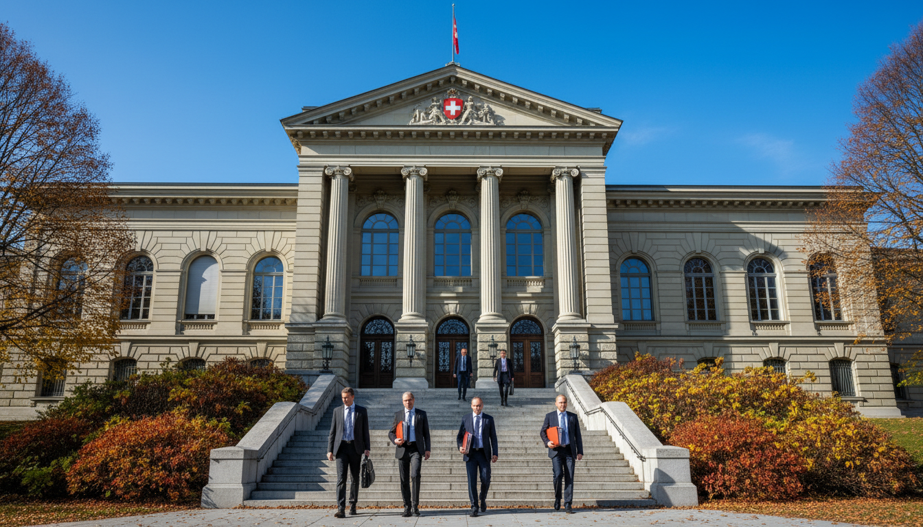 Swiss courthouse exterior with documents