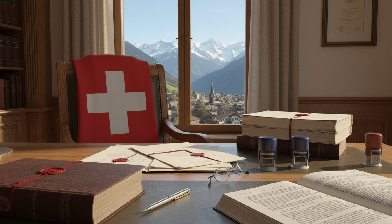 Swiss flag with legal documents