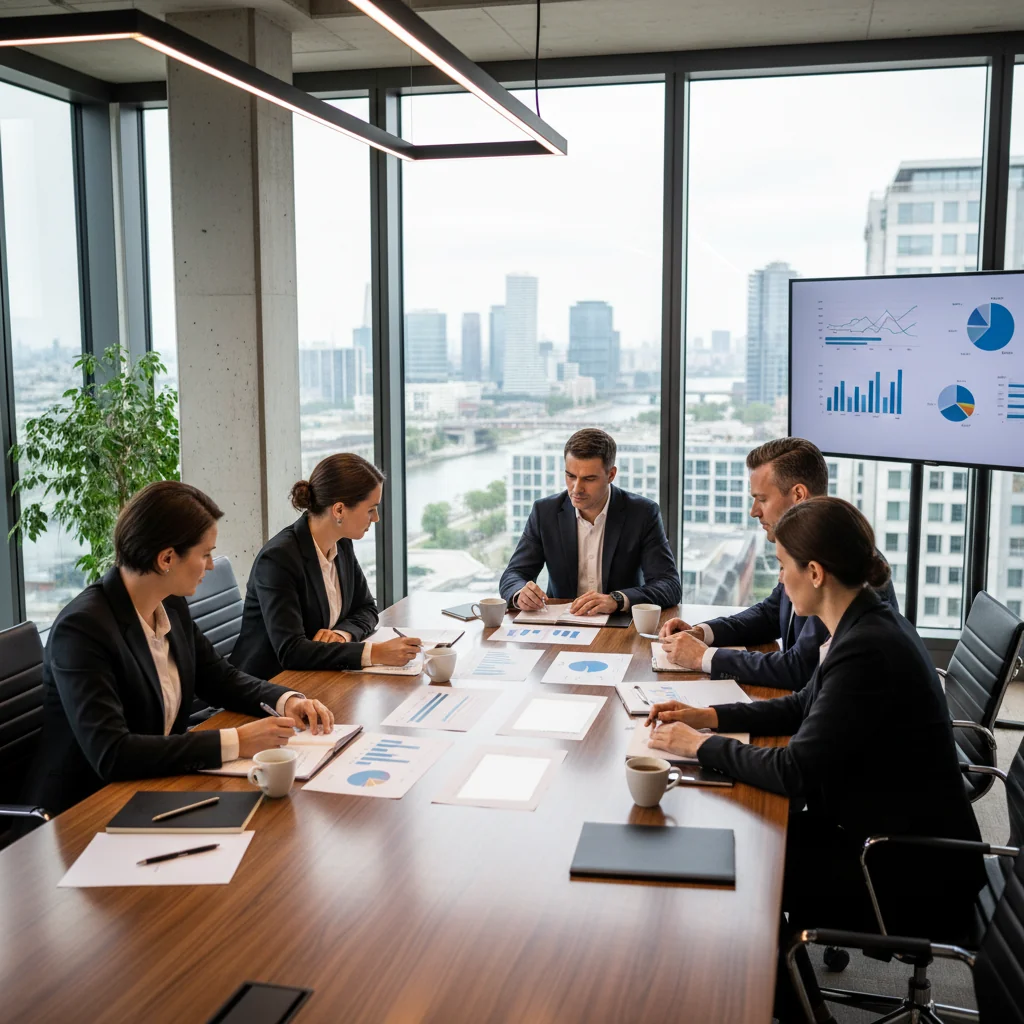 A photorealistic image of a professional business meeting in a modern German office, with adults discussing legal agreements around a conference table, symbolizing the purpose of Satzung documents in corporate governance.