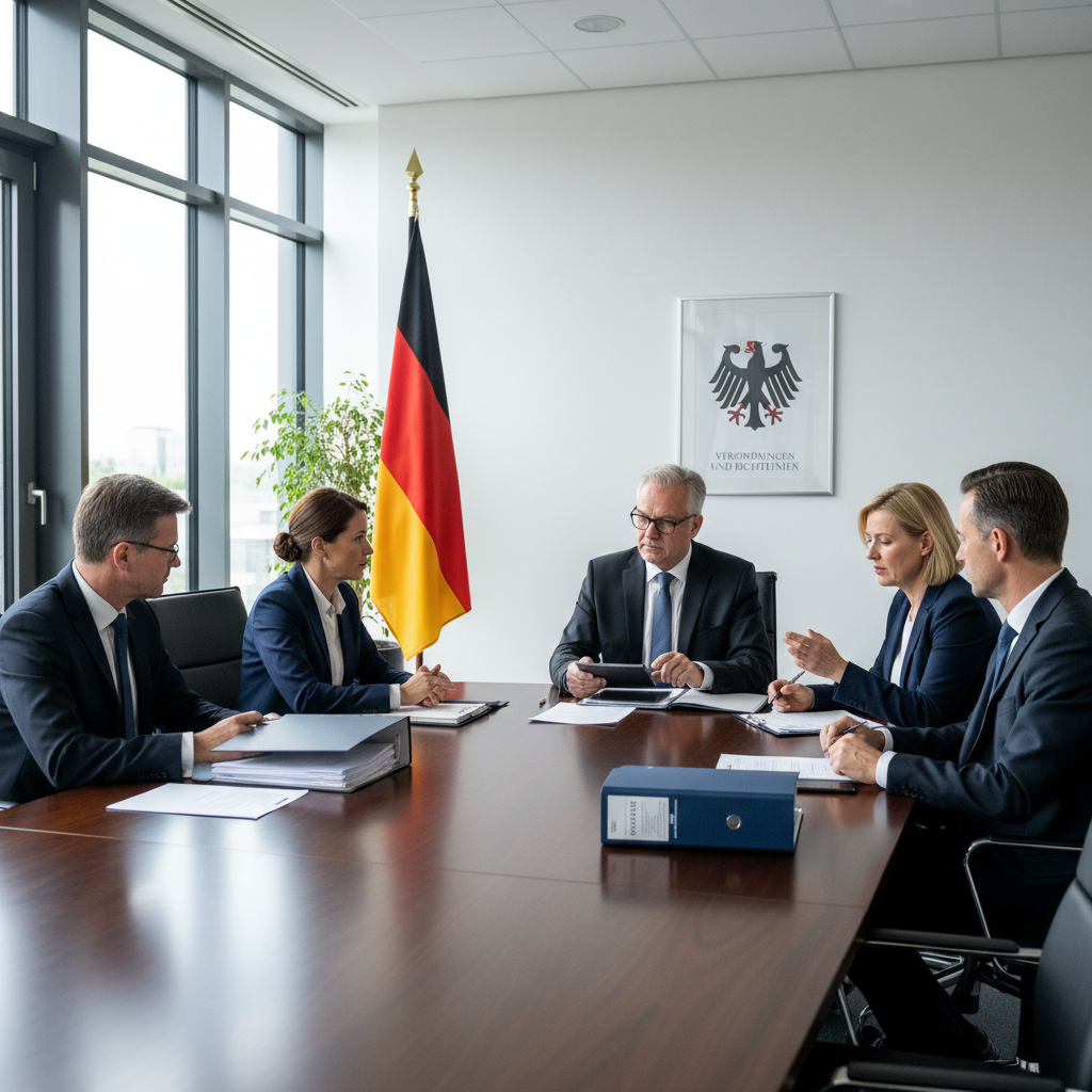 A photorealistic image of a professional German business meeting in a modern office, with adults discussing legal matters around a conference table, evoking trust and formality in official regulations, no children present.