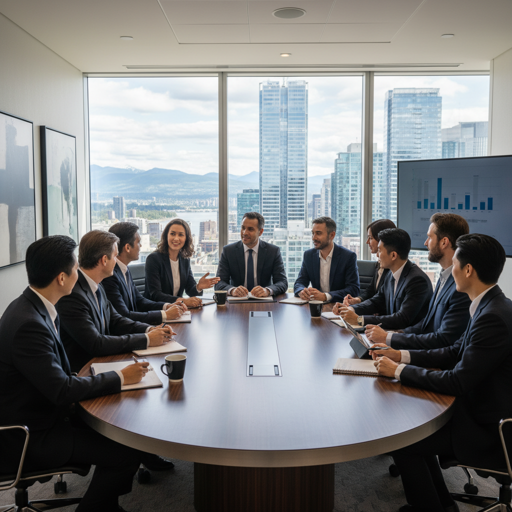 A photorealistic image of a diverse group of professional adults in a modern Canadian corporate boardroom, engaged in a collaborative business meeting around a conference table, symbolizing the governance and structure provided by corporate bylaws.