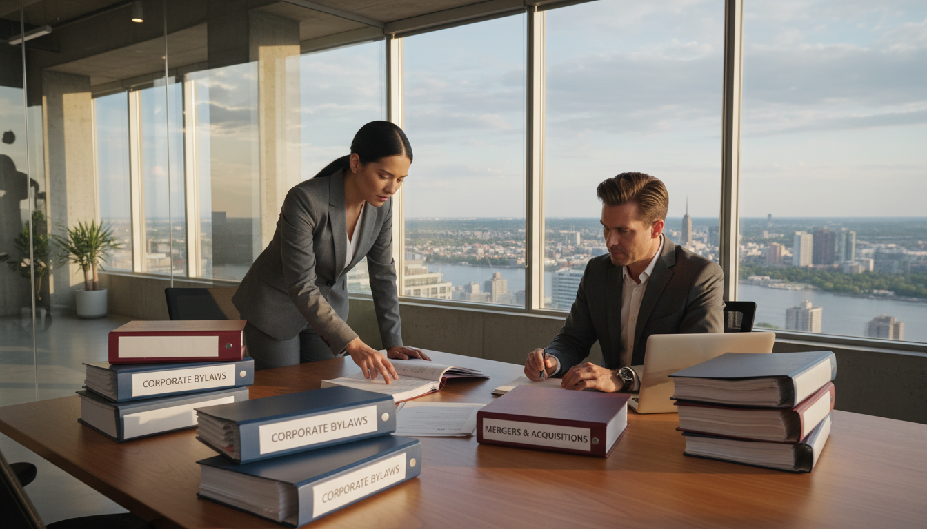 Corporate lawyers reviewing bylaws documents