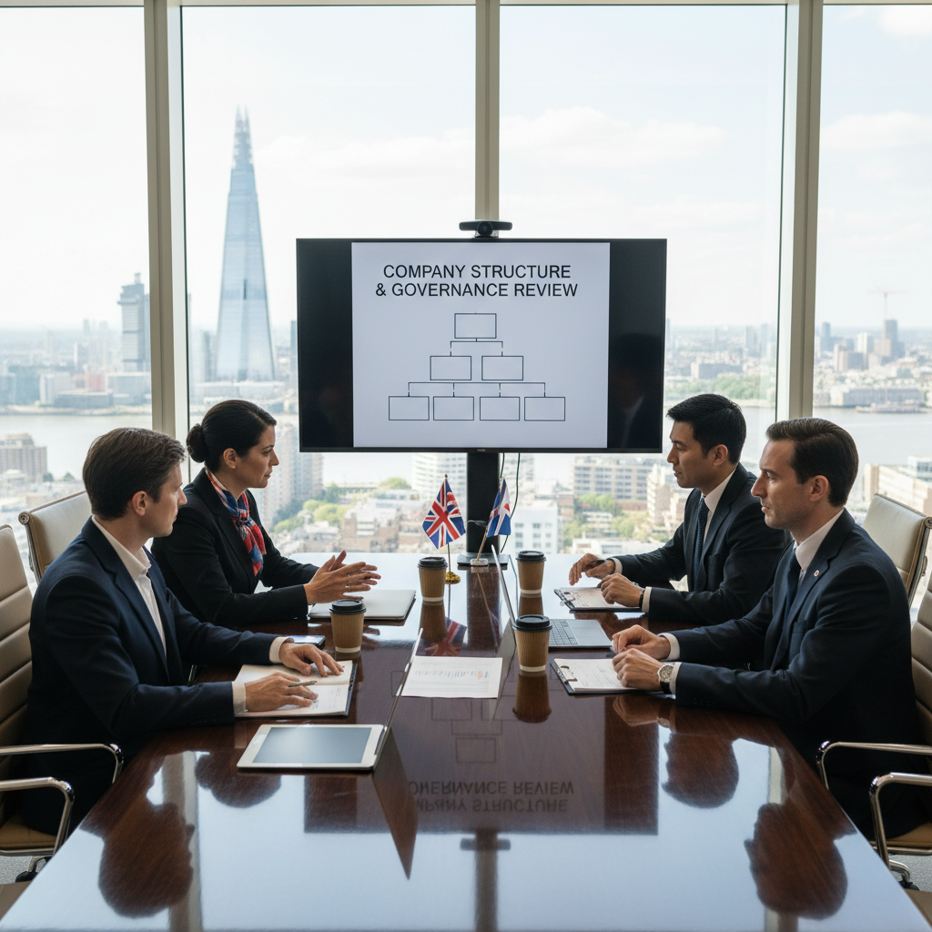 A photorealistic image depicting a professional business meeting in a modern UK office, with adults in business attire discussing company governance around a conference table, symbolizing the establishment and operation of a company under Articles of Association.