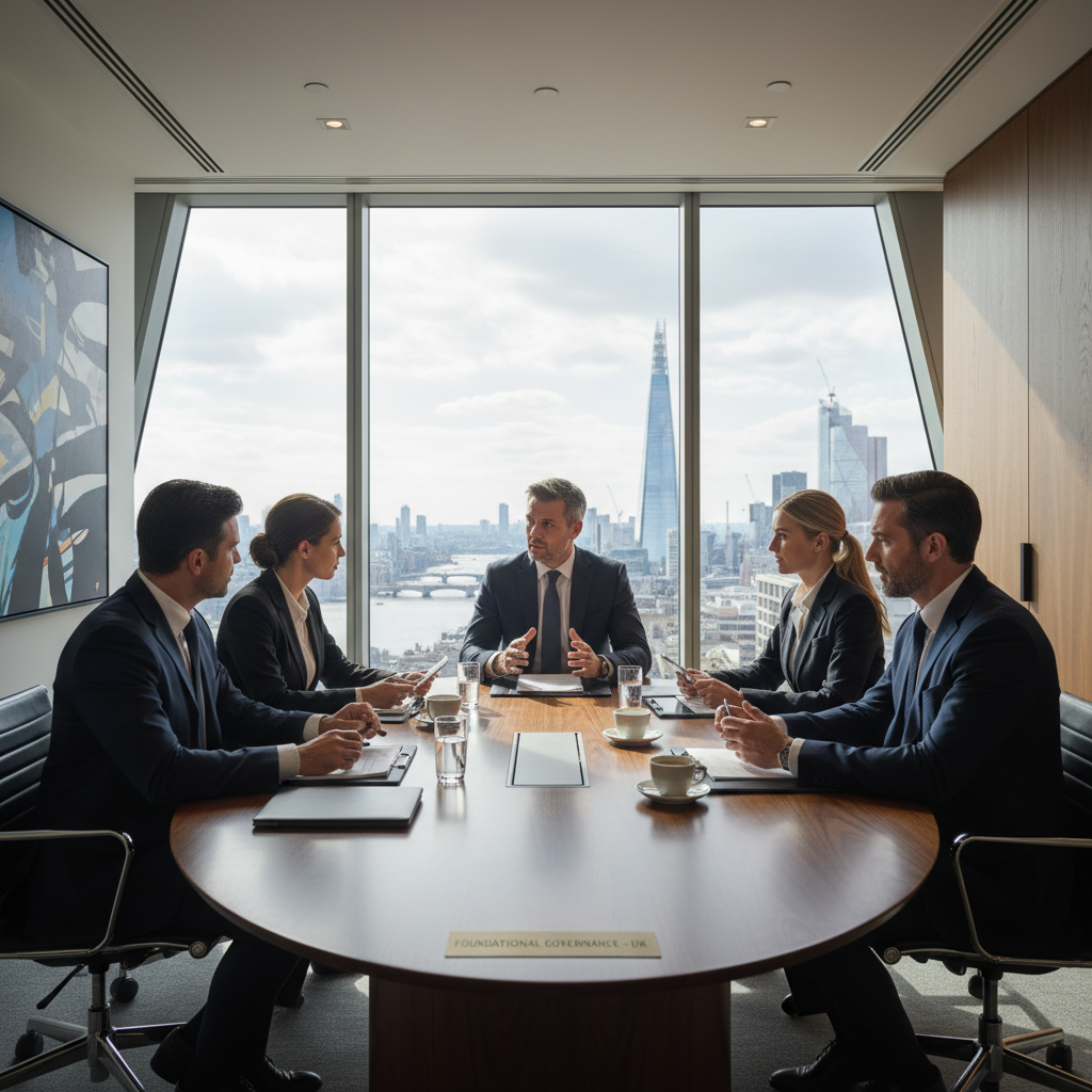 A photorealistic image of a professional business meeting in a modern UK office, with diverse adults in suits discussing company matters around a conference table, symbolizing corporate governance and structure as per Articles of Association.