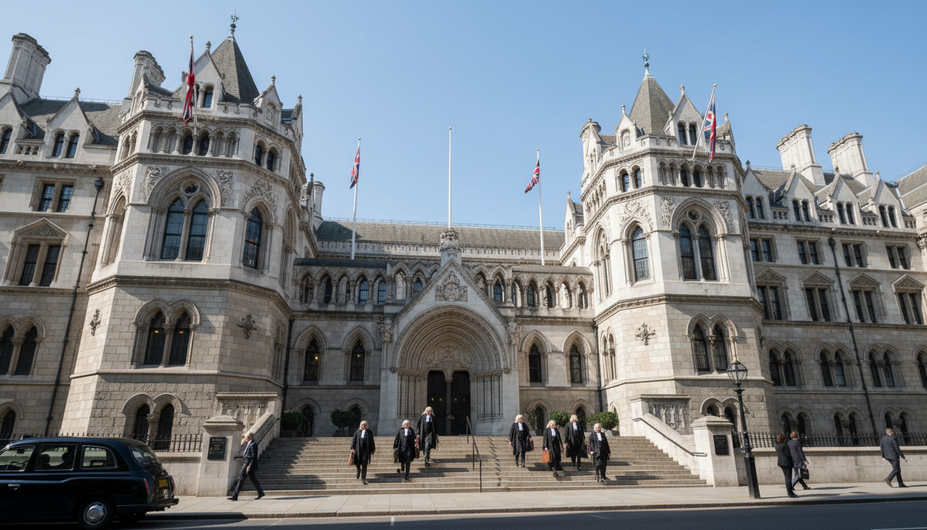 UK courthouse with legal papers