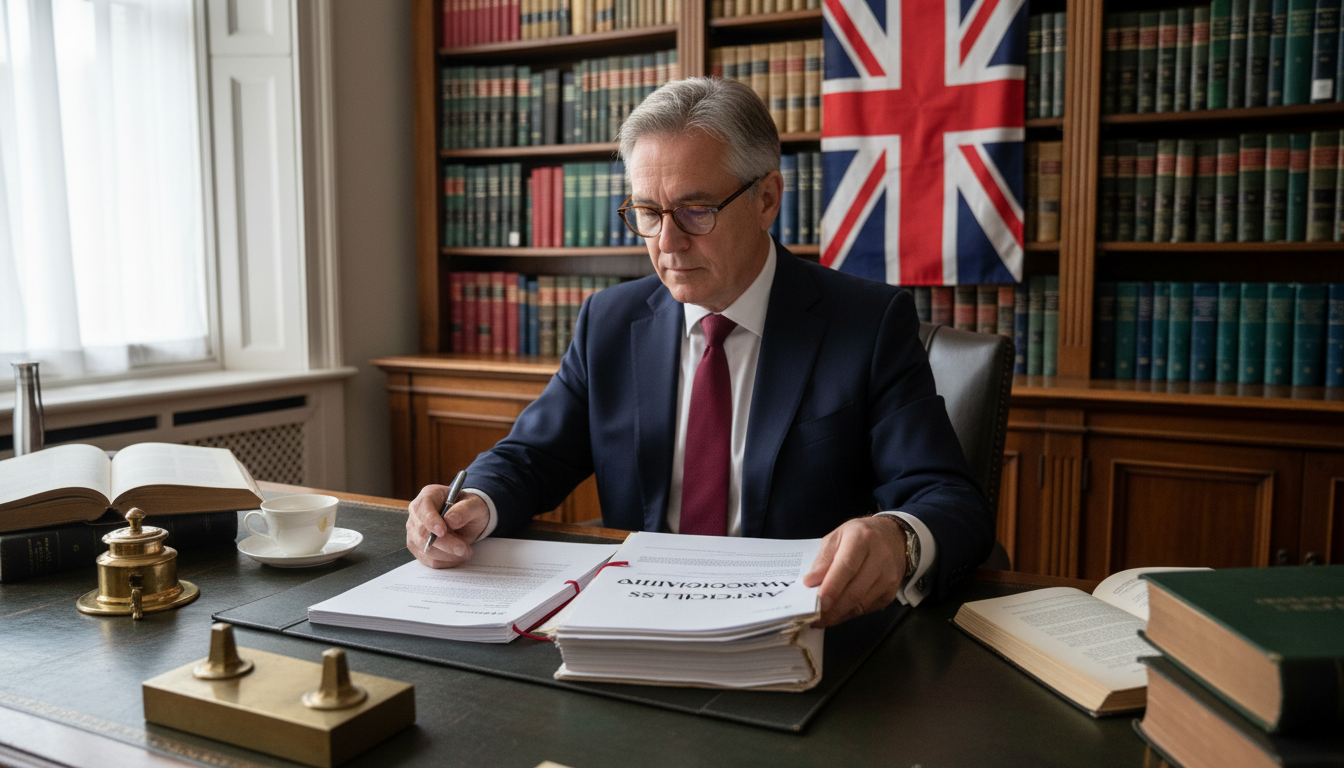 UK lawyer reviewing Articles document