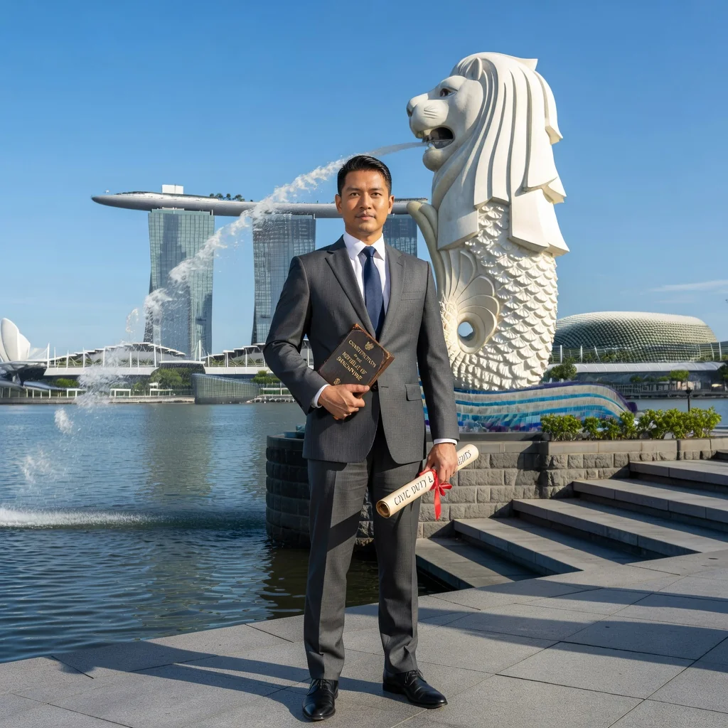 A photorealistic image representing the constitutional framework of Singapore, featuring an adult Singaporean citizen standing thoughtfully in front of the iconic Merlion statue with the modern skyline of Singapore in the background, symbolizing national pride, governance, and legal stability. The person is dressed in business attire, looking inspired, with no children present.