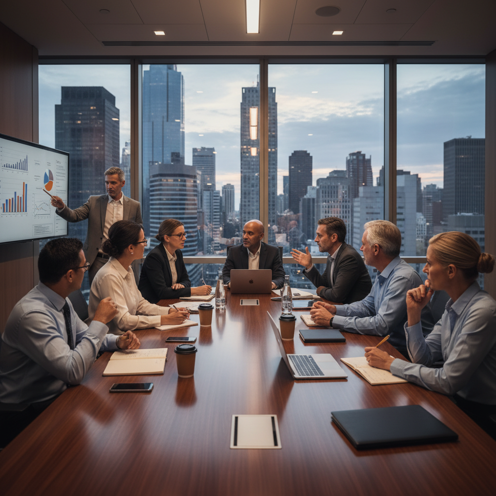 A photorealistic image of a diverse group of professional adults in a modern corporate boardroom, engaged in a collaborative business meeting, symbolizing the structure and governance provided by corporate bylaws.