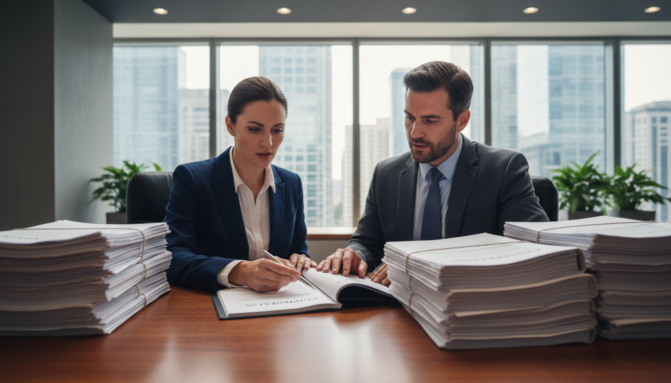 Corporate lawyers reviewing bylaws documents