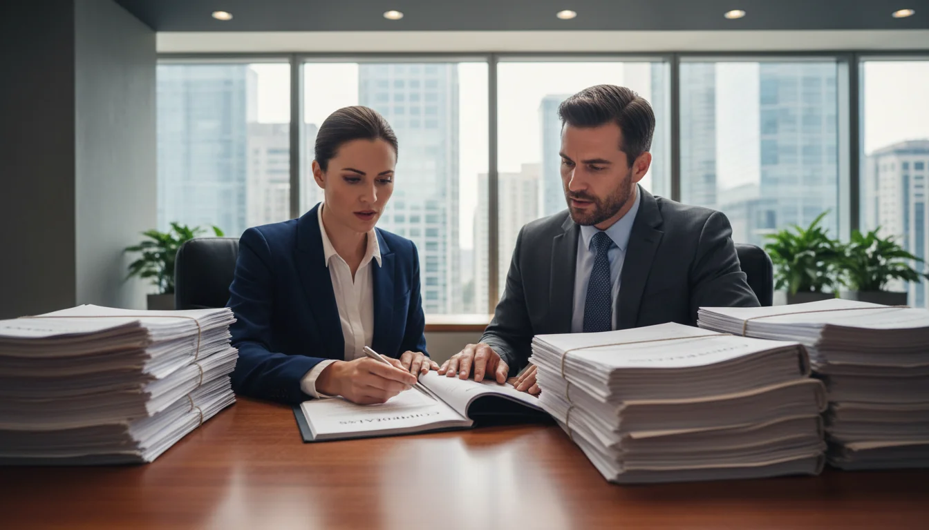 Corporate lawyers reviewing bylaws documents