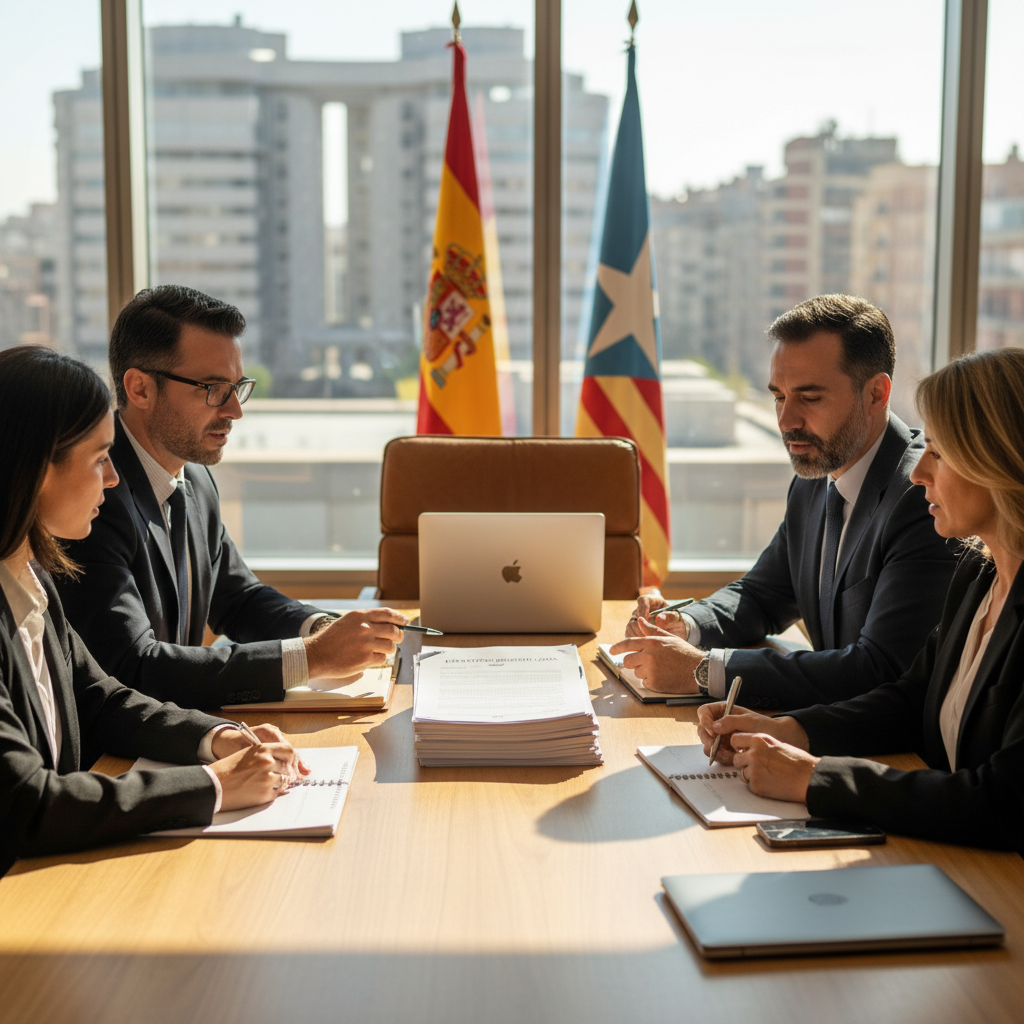 A photorealistic image of a professional business meeting in a modern Spanish office, where a group of adults are discussing and signing partnership agreements, symbolizing the formation of a legal society in Spain. The scene includes diverse professionals in business attire around a conference table with subtle Spanish elements like a flag or architecture in the background.