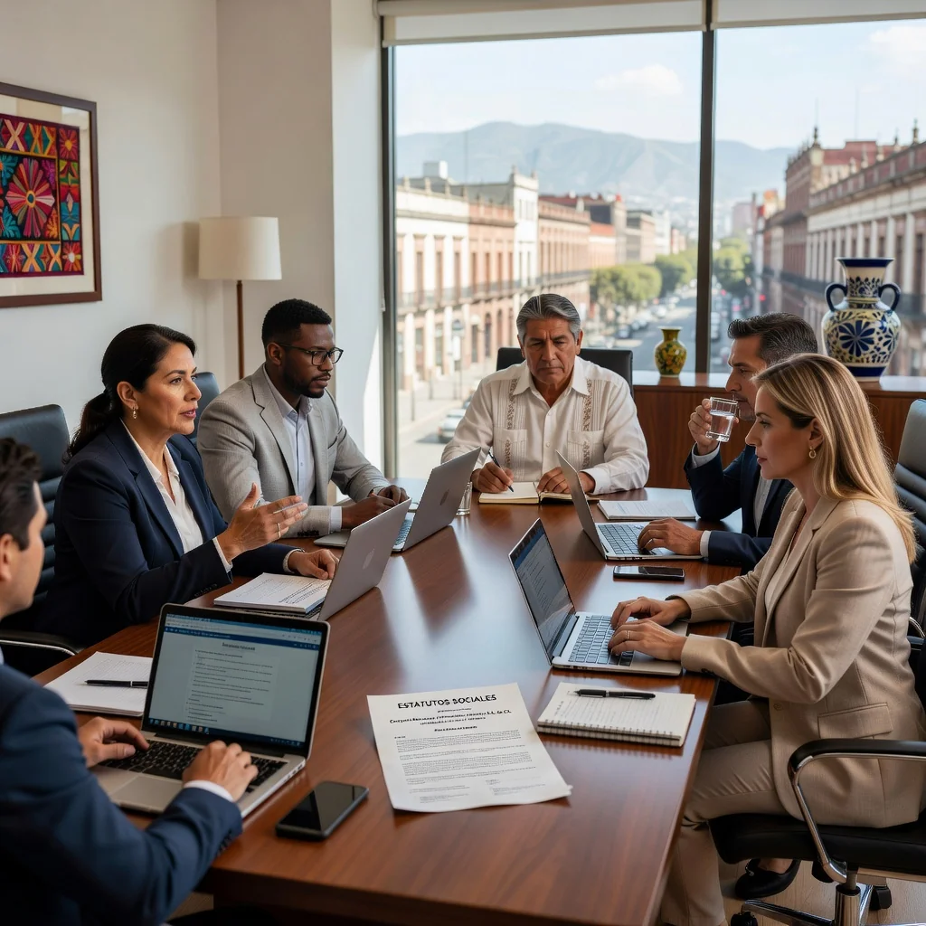 A photorealistic image of a professional business meeting in a modern Mexican office, with diverse adult adults discussing corporate bylaws around a conference table, symbolizing the establishment and governance of a Mexican company through Estatutos Sociales, no children present, highly detailed and realistic photography style.