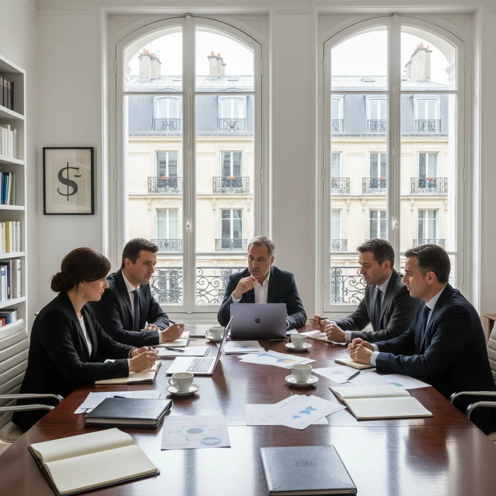 A photorealistic image of a professional business meeting in a modern French office, with adults in business attire discussing company formation documents around a conference table, evoking the establishment of a French company under legal statutes, no children present.
