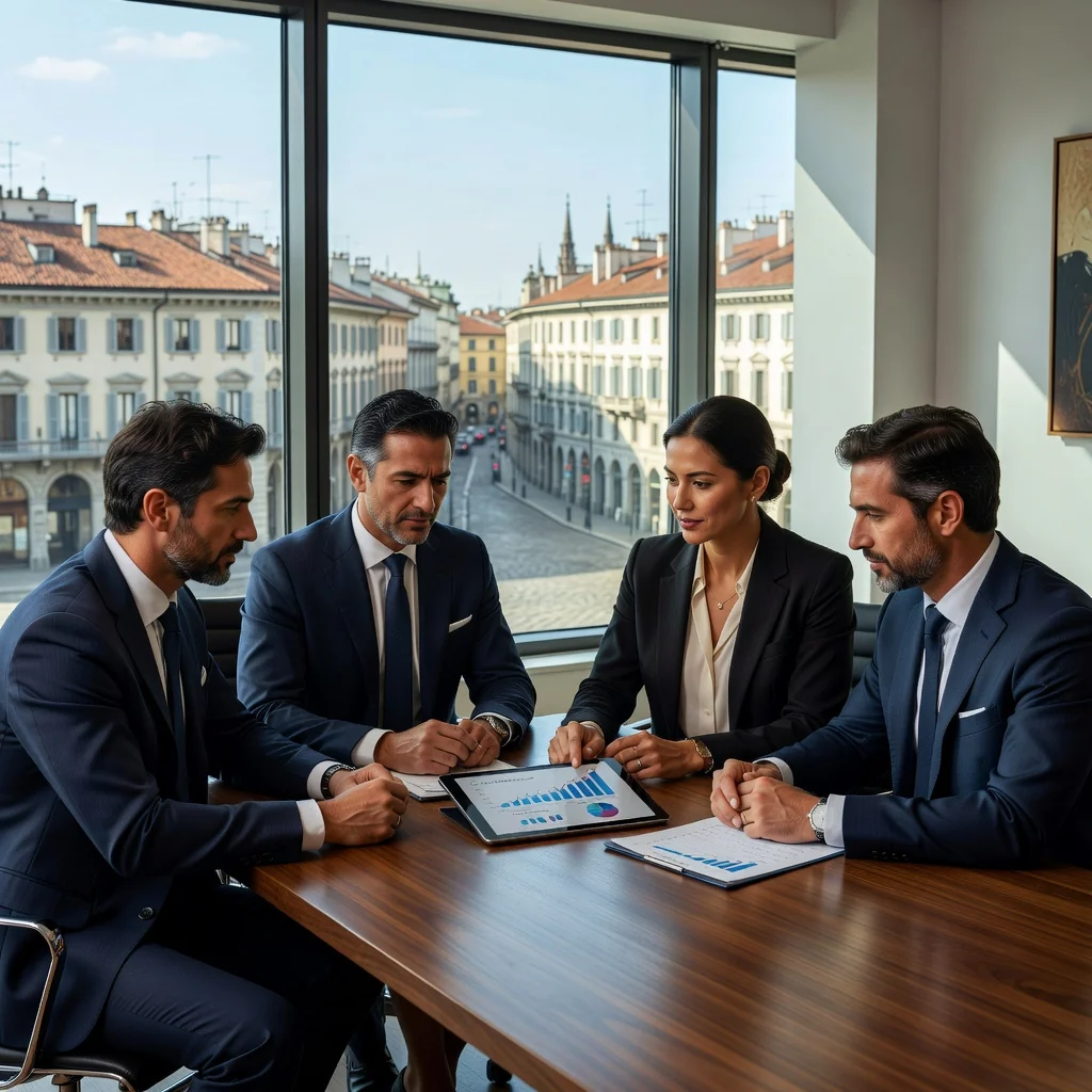 A photorealistic image representing the formation and governance of a business company in Italy, featuring a diverse group of professional adults in a modern Italian office setting, discussing partnership and strategy around a conference table with subtle Italian landmarks visible through the window, symbolizing the purpose of statutory corporate documents without showing any legal papers.