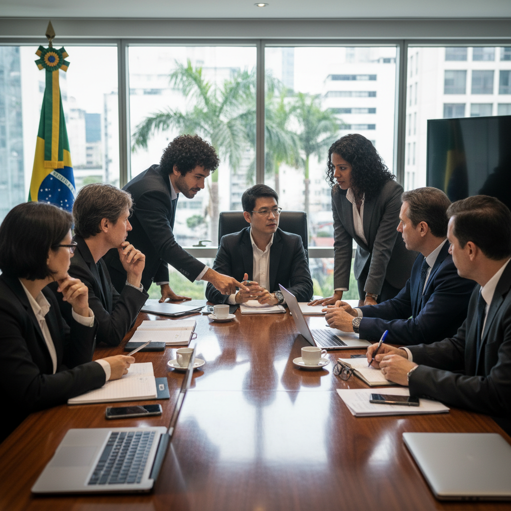 A professional business meeting in a modern Brazilian office, with diverse adults discussing company structure and governance around a conference table, symbolizing the purpose of Estatuto Social as a foundational corporate document.
