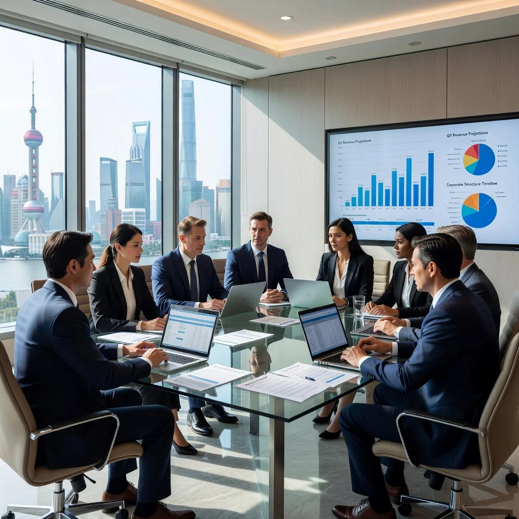 A photorealistic image representing the purpose of a company's articles of association in China, showing a diverse group of professional adults in a modern Chinese business office, engaged in a collaborative meeting around a conference table, discussing business strategies with laptops and charts, symbolizing corporate governance and company foundation, no children present, highly detailed and realistic photography style.