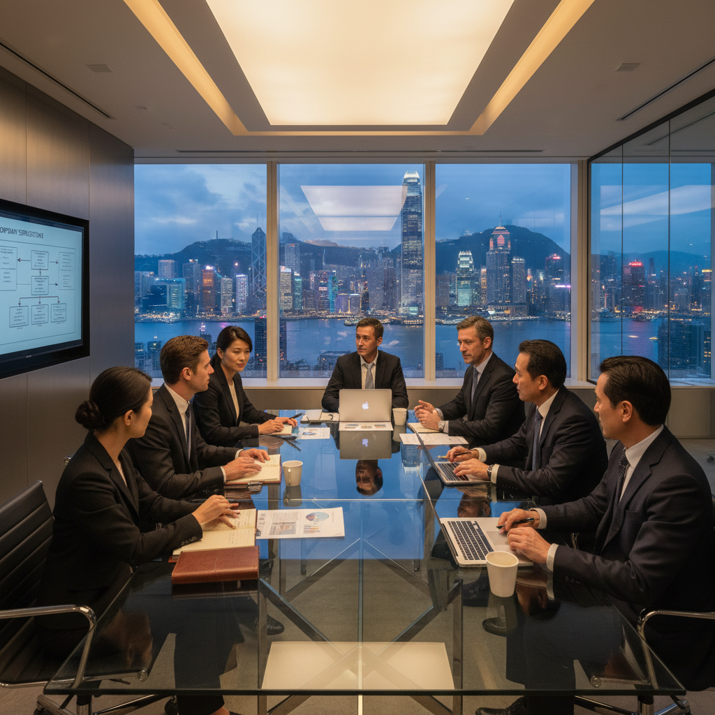 A photorealistic image of a professional business meeting in a modern Hong Kong office, with diverse adult professionals discussing company governance around a conference table with city skyline view, symbolizing the establishment and structure of a company through its articles of association.